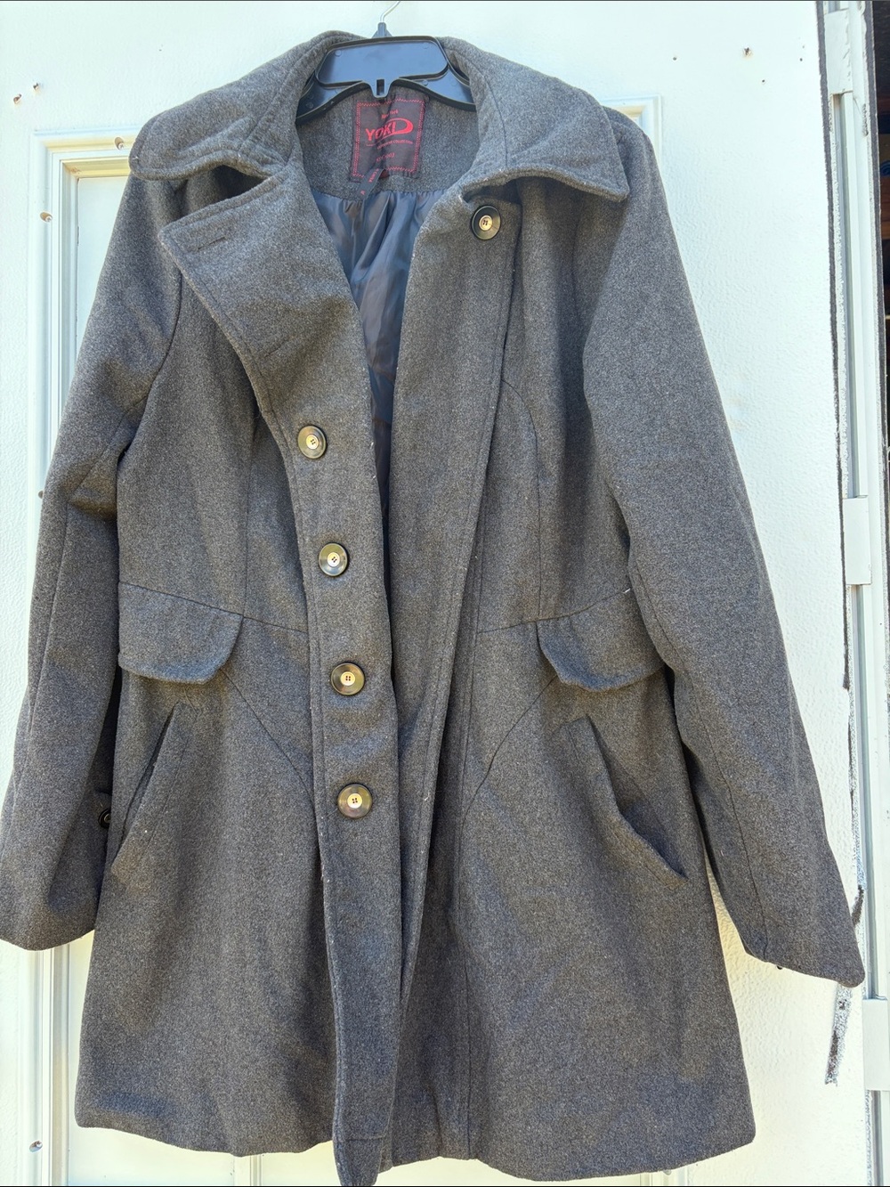 Yoki Charcoal Gray Wool-Blend Pea Coat with Button Front